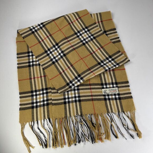 Cashmere Feel Italy Design Scarf w/ Fringe VTG Beige Black White - Picture 1 of 5